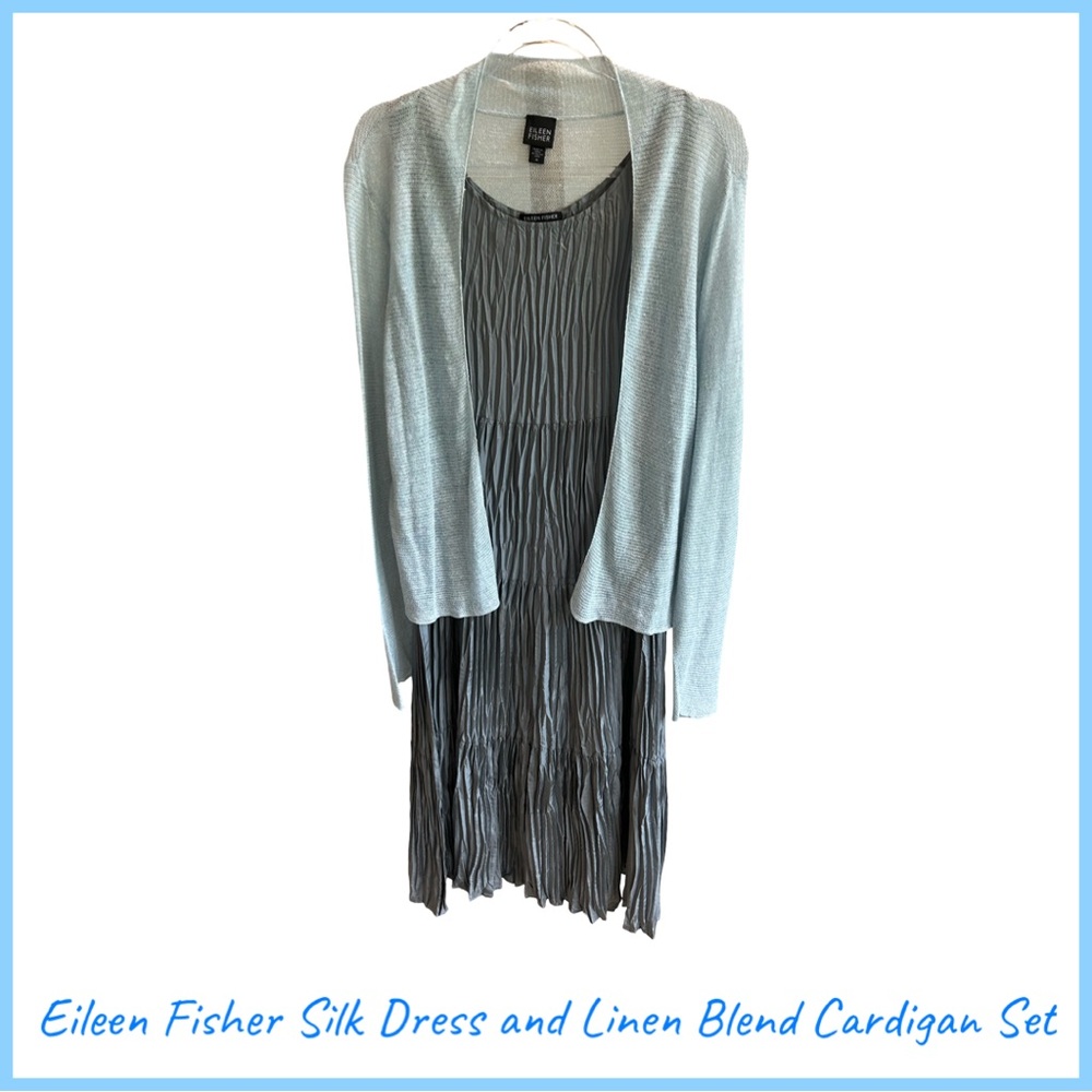 Eileen Fisher Light Gray Silk Textured Dress and Linen Blend Cardigan